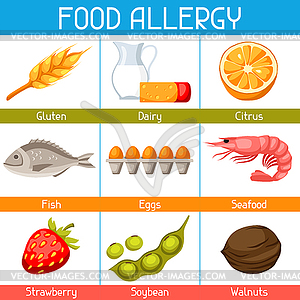 Пищевая аллергия фон с аллергенами и - клипарт в векторе / векторное изображение