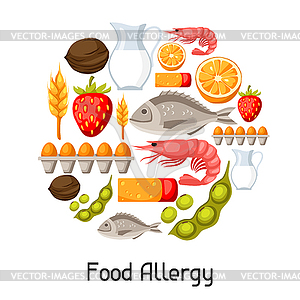 Пищевая аллергия фон с аллергенами и - векторное изображение