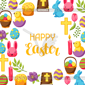 Happy Easter frame with decorative objects, eggs an - vector image