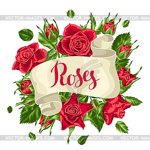 Декоративные ленты с красными розами. Красивый - векторный клипарт Royalty-Free