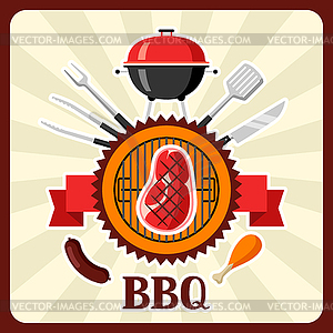 Bbq card with grill objects and icons - royalty-free vector clipart