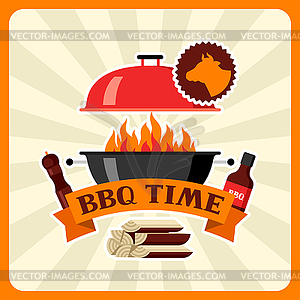 Bbq time card with grill objects and icons - vector image