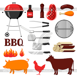 Bbq set of grill objects and icons - vector clipart