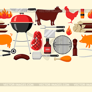 Bbq seamless pattern with grill objects and icons - vector clipart / vector image