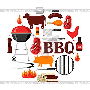 Bbq background with grill objects and icons - vector image