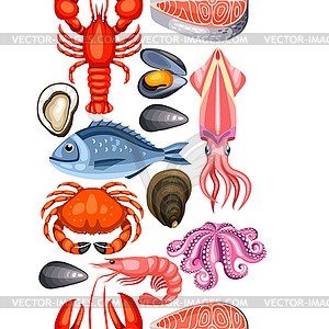 Бесшовные с различными морепродуктами. рыба, - изображение в векторе