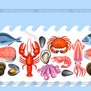 Seamless pattern with various seafood. fish, - vector clip art