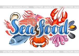 Background with various seafood. fish, shellfish an - vector image