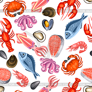 Seamless pattern with various seafood. fish, - royalty-free vector clipart