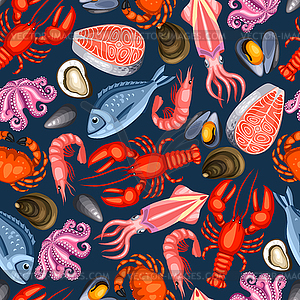 Seamless pattern with various seafood. fish, - vector image