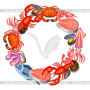 Frame with various seafood. fish, shellfish and - vector clipart
