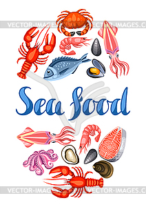 Background with various seafood. fish, shellfish an - vector image