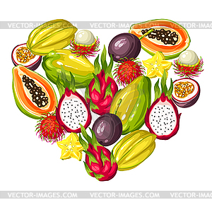 Heart shape with exotic tropical fruits. asian - color vector clipart