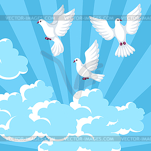 Background with white doves. Beautiful pigeons fait - vector image