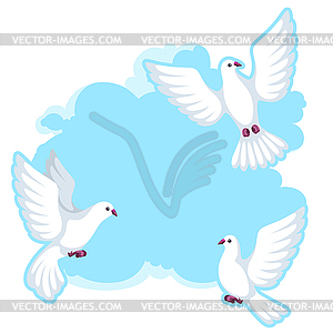 Background with white doves. Beautiful pigeons fait - vector clipart