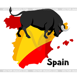 Traditional spanish corrida. Bull on background fla - vector image