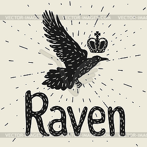 Background with black flying raven. inky bird and - vector clipart