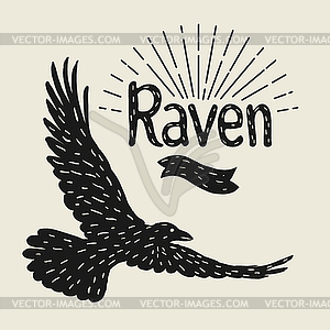 Background with black flying raven. inky bird - vector image