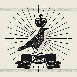 Background with black raven. inky bird and crown - vector clipart