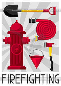 Poster with firefighting items. Fire safety - vector clipart