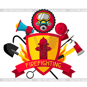 Badge with firefighting items. Fire protection - vector clipart