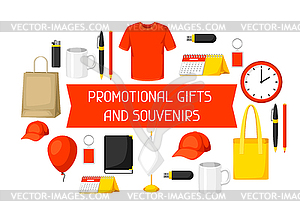 Advertising background with promotional gifts and - vector image