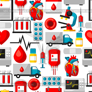 Seamless pattern with blood donation items. - vector image