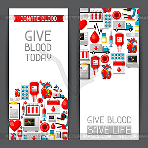 Banners with blood donation items. Medical and - vector image