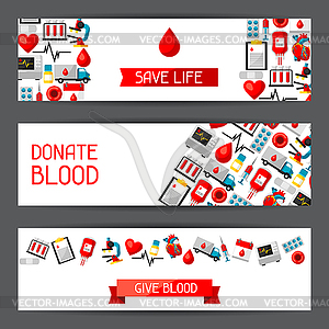 Banners with blood donation items. Medical and - vector clip art