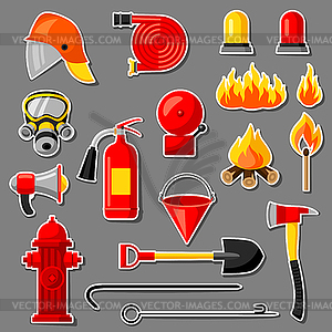Set of firefighting stickers. Fire protection - vector image
