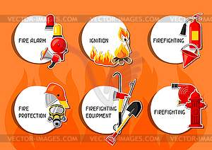 Stickers with firefighting items. Fire protection - vector image