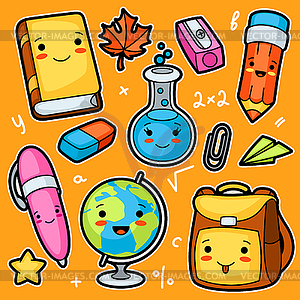 Kawaii school and education cute supplies and - vector image