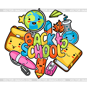 Back to school. Kawaii design with cute education - vector clip art