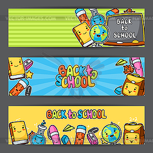 Back to school. Kawaii banners with cute education - vector image