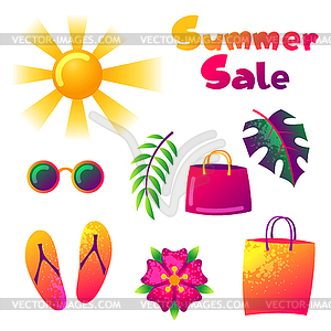 Summer sale colorful elements. Sun, palm leaves - royalty-free vector image