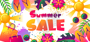 Summer sale banner with colorful elements. Sun, pal - vector clipart