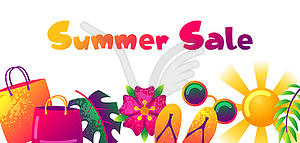 Summer sale banner with colorful elements. Sun, pal - vector image