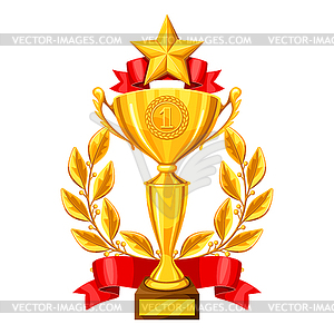 Realistic gold cup with laurel wreath and star. - vector clipart