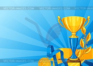 Realistic gold cup, laurel branch and medal. - vector image