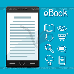 Концепция электронной книги. Смартфон с книгой. цифровой - цветной векторный клипарт
