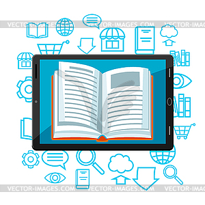 Digital library concept. Tablet with open book. - vector clipart