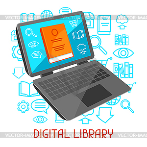 Digital library concept. Laptop with open book. - vector clip art