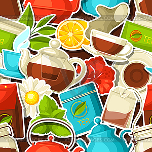 Seamless pattern with tea and accessories, packs an - vector clip art