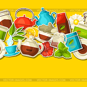 Seamless pattern with tea and accessories, packs an - vector image