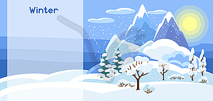 Winter banner with trees, mountains and hills. - vector clipart