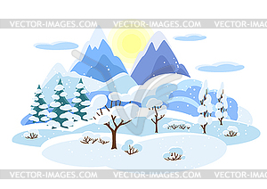 Winter landscape with trees, mountains and hills. - vector clipart