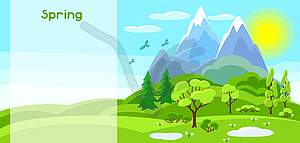 Spring banner with trees, mountains and hills. - royalty-free vector image