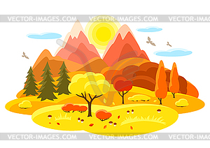 Autumn landscape with trees, mountains and hills. - vector image