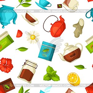 Seamless pattern with tea and accessories, packs an - vector image