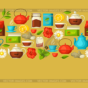 Seamless pattern with tea and accessories, packs an - vector clipart